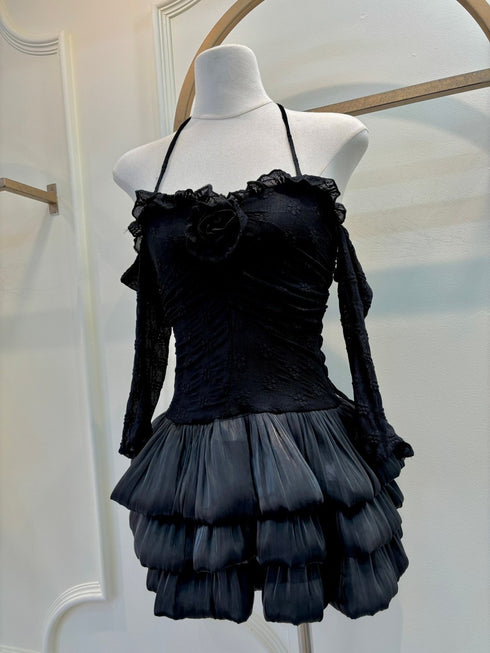 Halter Neck Mesh Satin Multi Layer Tiered Mini Dresses